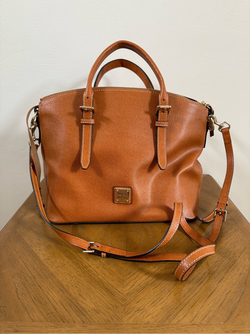 Dooney & Bourke Cognac Leather Satchel with Detachable Strap